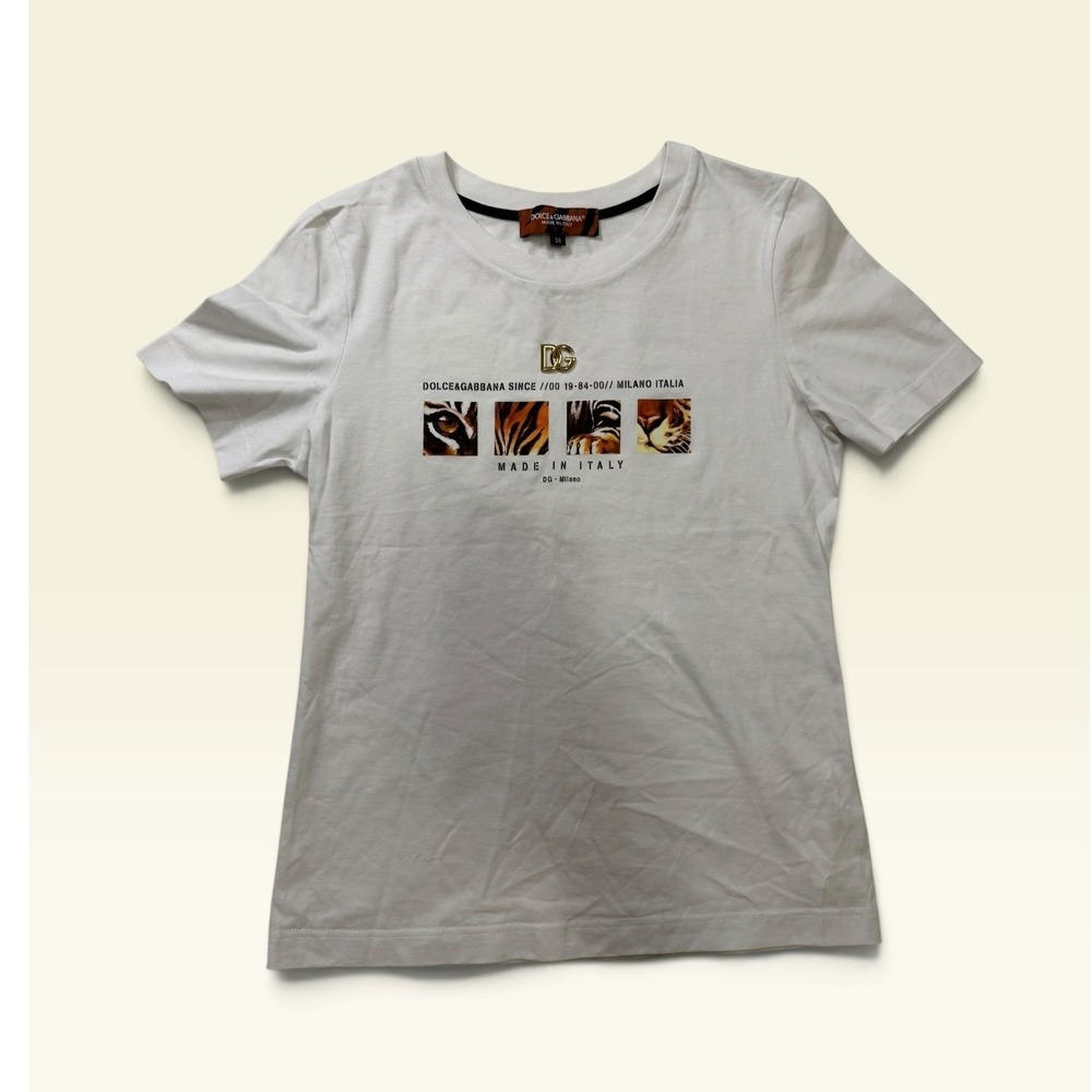 Dolce & Gabbana White Tiger Graphic T-Shirt DG Gold Logo JT-F8182Z Size 36